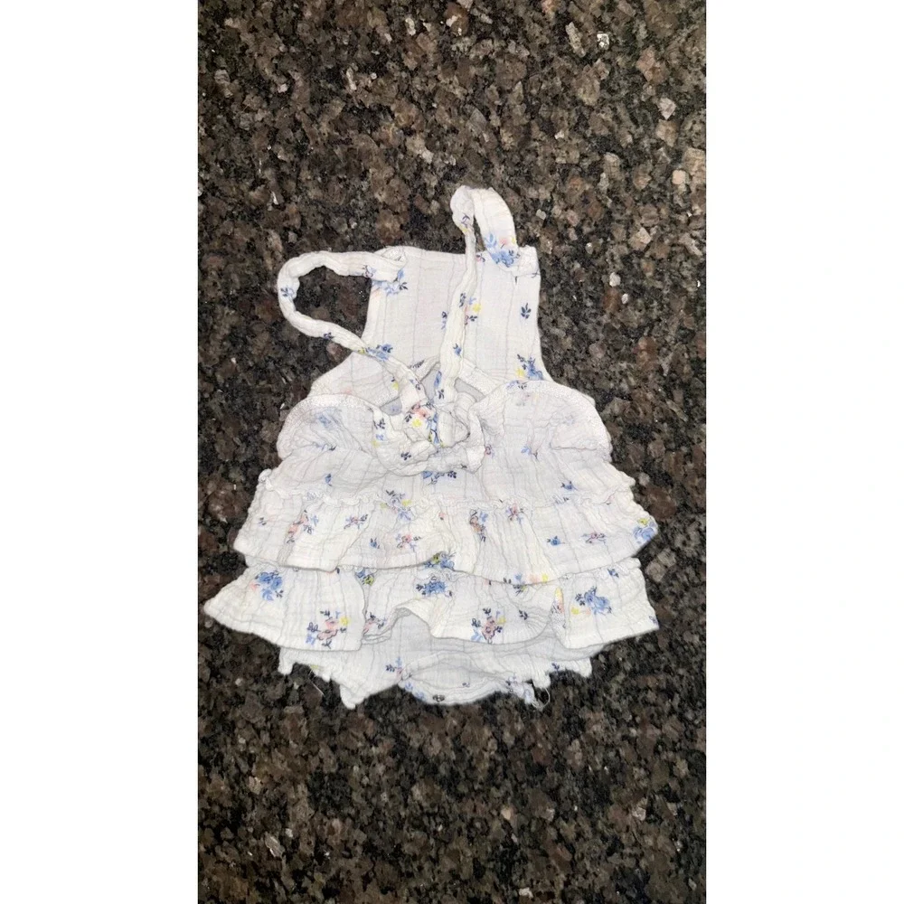 Emily and Oliver Baby Girls Floral Muslin Ruffle Romper White Blue 0-3 Months